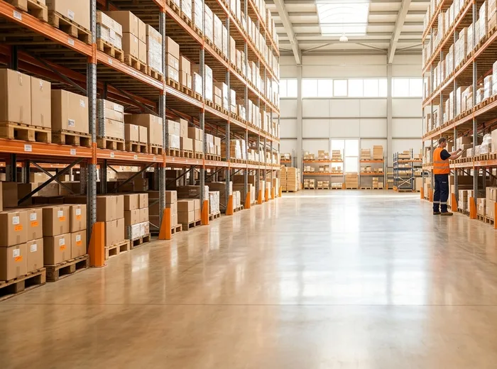 A swept and polished warehouse aisle